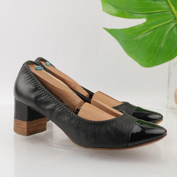 AGL Attilio Giusti Leombruni Shoes - AGL Womens Pump Size 37 7 Black Leather Cap Toe Block Heel Elastic Trim Italy